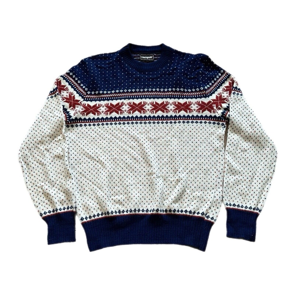 Vintage Campus Sweater Mens L Fair Isle‎ Knit 70s 60s Retro Pullover
